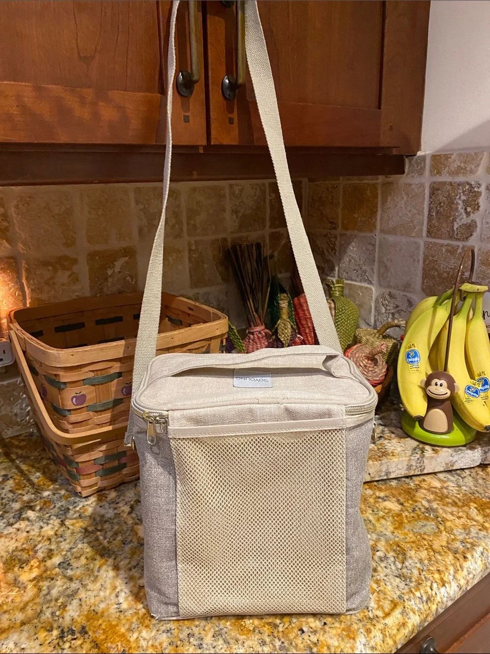 SOYOUNG/ Beige Stripe Canvas Cooler Bag-Lunch Box.